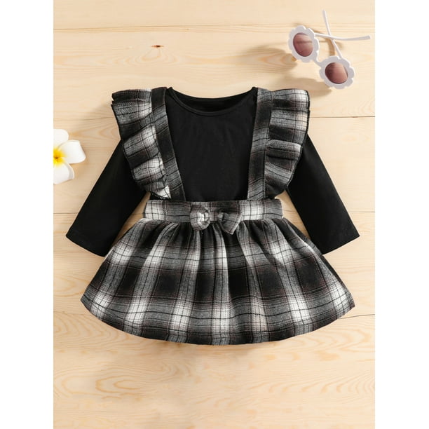 GIRLS BLACK TOP & GREY CHECK WEAVE PATTERN BOW TRIM RUFFLE PARTY SKIRT age 9-10